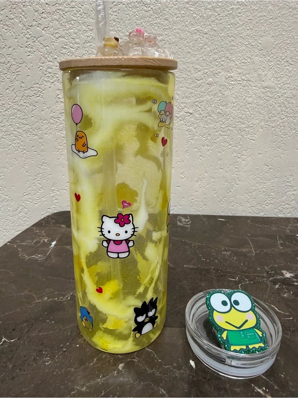 Sanrio Characters 20 oz Skinny Glass Glow Cup with Extra Lid Handmade